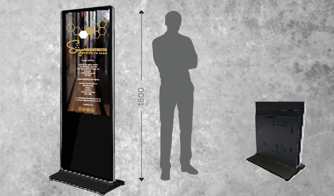 A high-tech digital display totem used for advertising, showcasing image slideshows and videos to enhance brand engagement. Freestanding digital display totem for promotional signage.