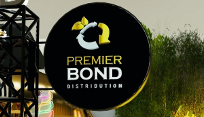 A durable and visible projecting sign extending from the building, ensuring maximum exposure for businesses in high-traffic areas. Double-sided projecting sign for Premier Bond Distribution.