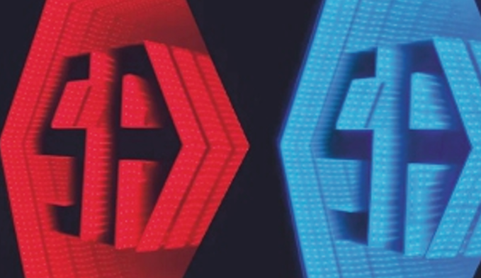A futuristic infinity mirror sign that uses LED lights and reflections to produce a visually captivating depth effect. Red and blue infinity mirror sign creating a tunnel-like light effect.