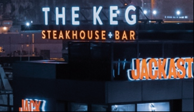 A sleek and modern halo-illuminated sign, using LED backlighting to create a glowing effect for enhanced branding. Halo illuminated sign for The Keg Steakhouse & Bar.