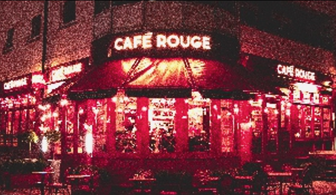 A vibrant face-illuminated signage displaying Cafe Rouge, using LED lighting for a bold and eye-catching effect, enhancing night-time visibility. Illuminated face signage of Cafe Rouge at night.