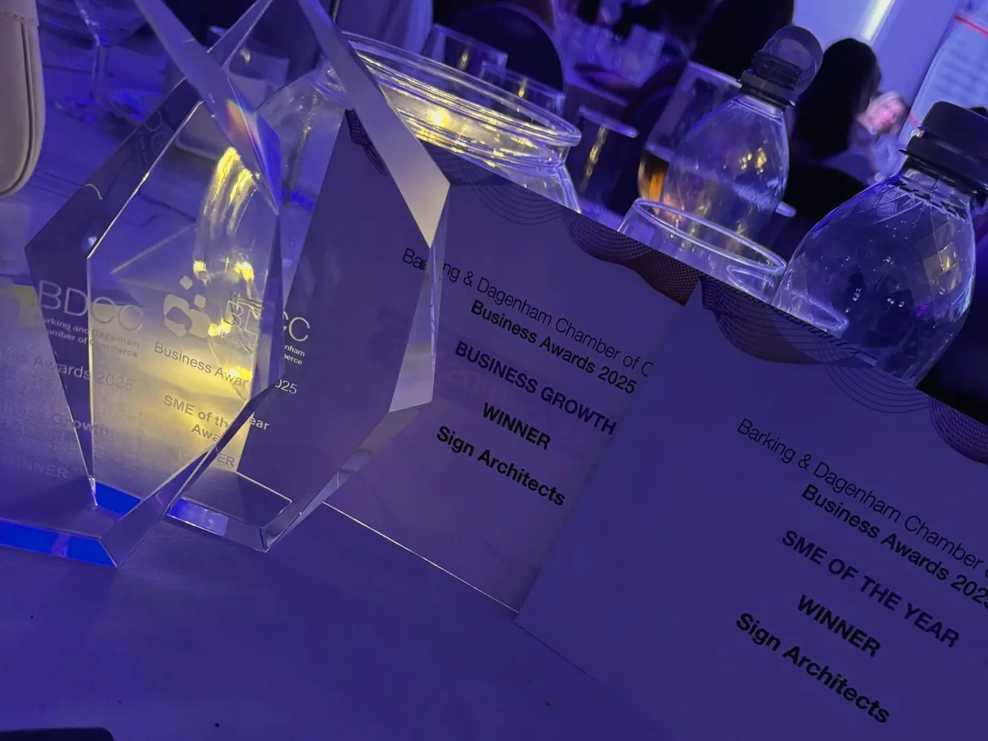 Sign Architects wins Business Growth and SME of the Year Awards 2025 – trophies on display at BDCC ceremony